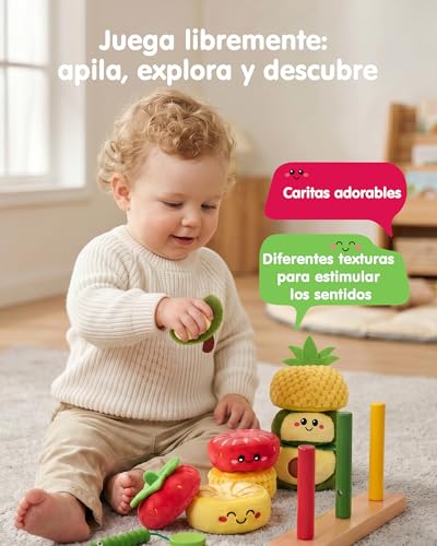 hahaland Juguetes Montessori 1 Años - Frutas Apilables con Cordón para Ensartar, Juego Educativo Sensorial para Motricidad Fina, Regalo Niño 1 2 3 Años