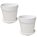 Set of 2 Decorative Fluted Design 5-Inch White Round Ceramic Plant/Flower Planter Pot with Attached Saucer