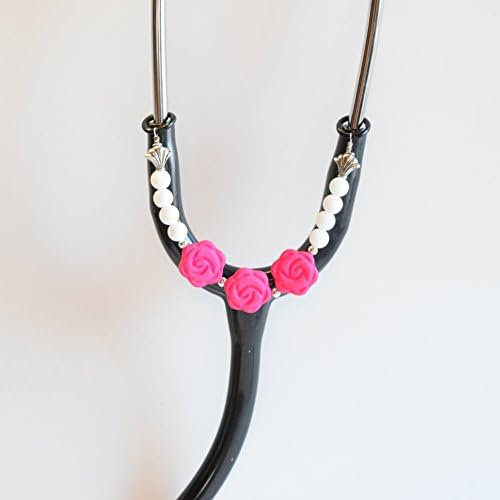 Women's Beaded Stethoscope ID Tag Pendant Charm Jewelry Accessories FUCHSIA &amp; WHITE