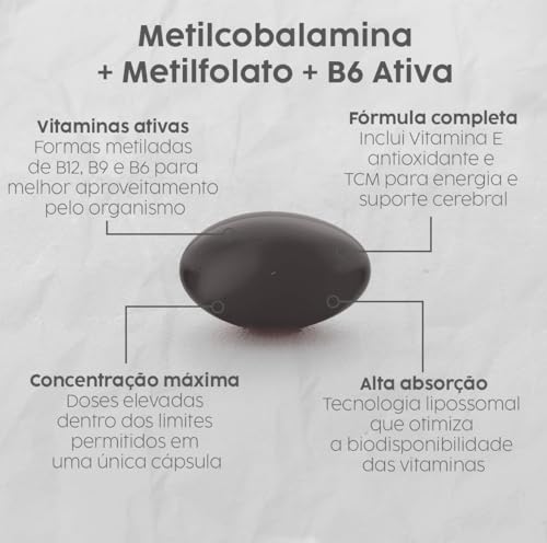 Metilcobalamina B12 +Metilfolato Ácido Fólico +Vitamina B6 + Vit E + TCM Lipossomal Alta Absorção (2 und. 240 cápsulas)