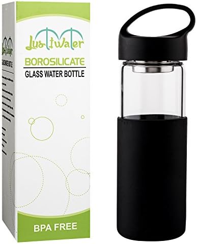 Justfwater Borosilicate Glass Water Bottle With Silicone Sleeve,Strainer 450ML,Tea and Fruit Infused Bottle