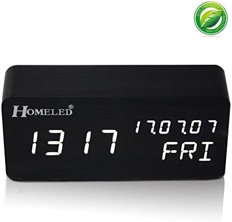 Homeled LED Digital Alarm Clock Wireless with Time Date Week and Temperature Wooden Cube Desk Alarm Clock for Kids, Bedroom, Office, Sound Control with Dual Power Supply (New Pattern Black)