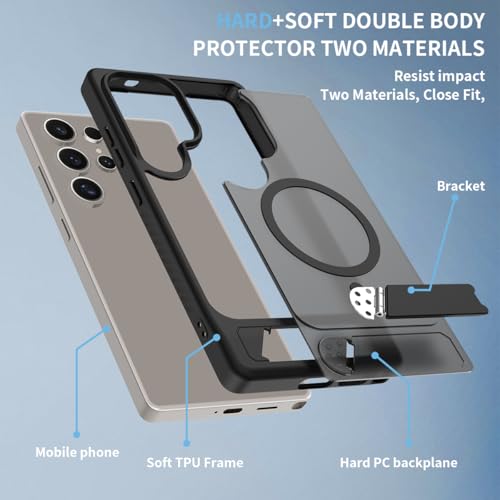 AIQIUQIU Magnetic Case for Samsung Galaxy S23 Ultra 5G [Compatible with Mag Safe][Built-in Invisible Kickstand] Mil-Grade Drop Protection, Adjustable Kickstand Translucent Matte Cover, Black