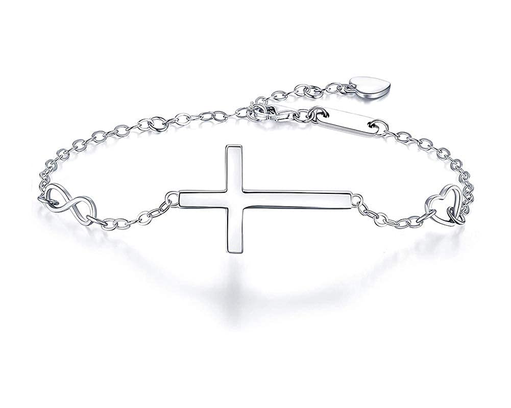 Becky & Jack White Gold Plated 925 Sterling Silver Sideways Horizontal Cross Charm Bracelet for Women Infinity Bracelet Heart Bracelet