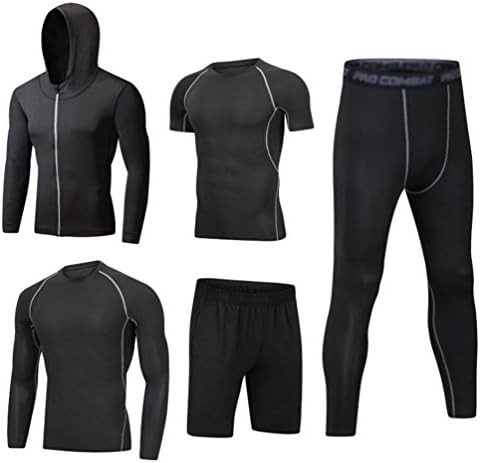 Dooxi Mens 5pcs Sports Gym Fitness Clothing Set Hoodies Jackets+Long Sleeve+Short Sleeve Base Layers T Shirts+Loose Fitting Shorts+Compression Pants for Workout Training Running Tracksuits