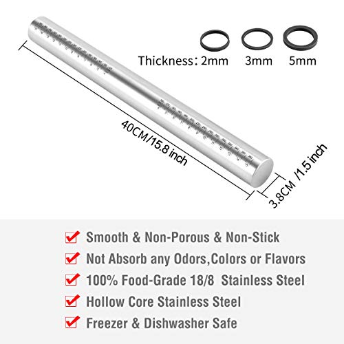 Adjustable Rolling Pin Stainless Steel with Silicone Guide Rings- Non-Stick Dough Roller for Baking, Pizza, Pasta, Pie Crust, Cookie, Pastry, Fondant Icing - 15.8 Inch