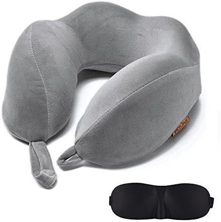 Victuna Memory Foam Neck Pillow Airplane Travel Set with Washable Velvet Cover, Carry Bag and Eye Mask, Grey