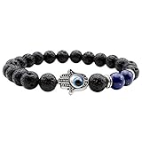 Jovivi Jewelry 8MM Antique Silver Hamsa Hand Blue Evil Eye Lava Stone Bracelet 7