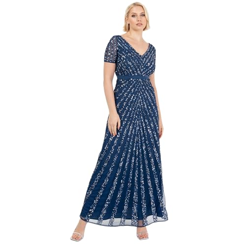 Maya Deluxe Maxi Womens Ladies Embellished Sequin Dress Long Short Sleeve V Neck High Empire Waist A Cut Shiny Prom Wedding, Robe de Demoiselle d'honneur Femme, French Navy,