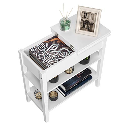 HOMECHO End Table, Flip Top Side Table, Narrow End Table with Storage Shelves, Accent Couch