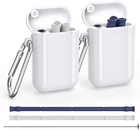 2 Pack Reusable Silicone Collapsible Straws - Portable Food-Grade Drinking Straw with Hard Carrying Case and Cleaning Brush, BPA Free (Blue and Grey)