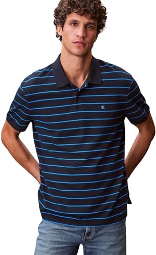 Uomo Maglietta Polo Maniche Corte Striped Pique con Chiusura con Bottoni, Blu (Dark Sapphire), M