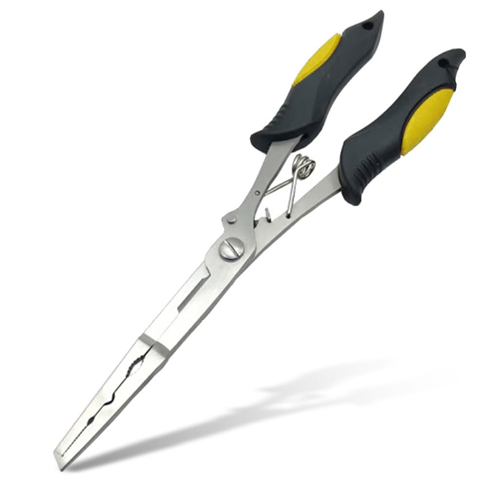 Long Nose Fishing Pliers Stainless Steel Hook Remover Line Cutters Ring Split Pliers, 9 Inch Freshwater Saltwater Fishing Tool， Yellow