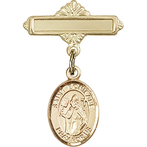 Gold Filled Baby Badge with St. Boniface Charm and Polished Badge Pin 1 X 5/8 inches