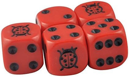 Set of 5 Ladybug Red Dice Round Corner Opaque 16mm Black Spots in Snow Organza Bag