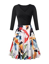 Vestido vintage para mujer con cuello en V y manga 3 4, diseño floral formal, línea A, con cremallera lateral (9 patrones)