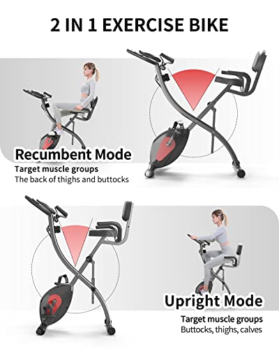 PROIRON Folding Exercise Bike, Fitness Exercise Bike with Backrest, Resistance Band, 8 Levels Magnetic Resistance, Pulse Sensor, Height Adjustable, Weight Max 120 kg…