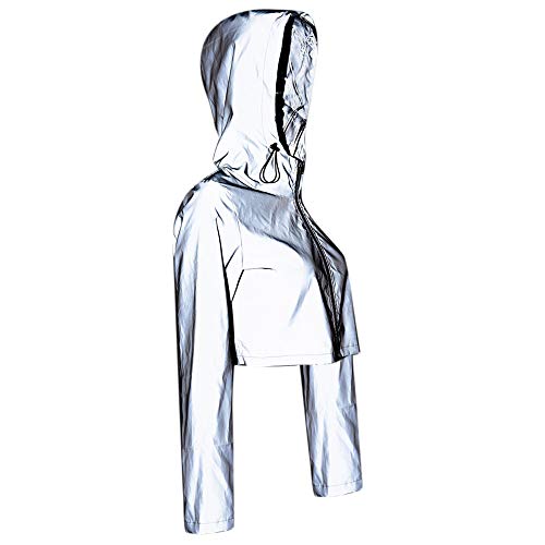 Crop Top Flash Reflective Women Jacket Casual Hoodies Fashion Streetwear 2019 Autumn Winter Female Zipper Sweatshirt(White, L)