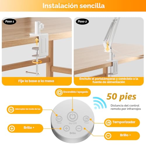 SKYLEO LED Desk Lamp, Dual Head Desk Lamp with Clip, with Remote Control, 2400 LM, 5 Color Temperature Modes, Home Desk Lamp, 24W, White