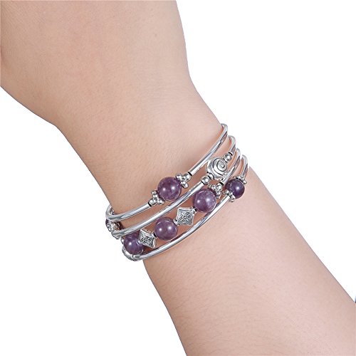 Beaded Bangle Wrap Amethyst Bracelet - Fashion Bohemian Jewelry Multilayer Charm Bracelet with Thick Silver Metal Beads for Women Girls Gifts (Purple)