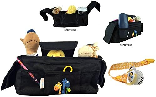 Baby Stroller Organizer with NEWLY ADDED Pacifier Clip; 2 Insulated Cup Holders, 1 Large Pocket, and 3 Accessory Pockets, Velcro Attach Strap and Safety Strap for toys