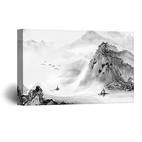 Canvas Wall Art - Chinse Ink Painting Style Landscape of Mountains and Rivers with Boat - Giclee Print Gallery Wrap Modern Home Art Ready to Hang - 12x18 inches