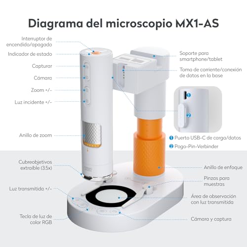 MatataStudio MX1-AS Microscopio Portátil para Niños 3.5x-1000x con Soporte Funcional, 2 LEDs, Portaobjetos, soporta Foto y Video Microscopio Digital USB Profesional para Infantil Adultos Laboratorio
