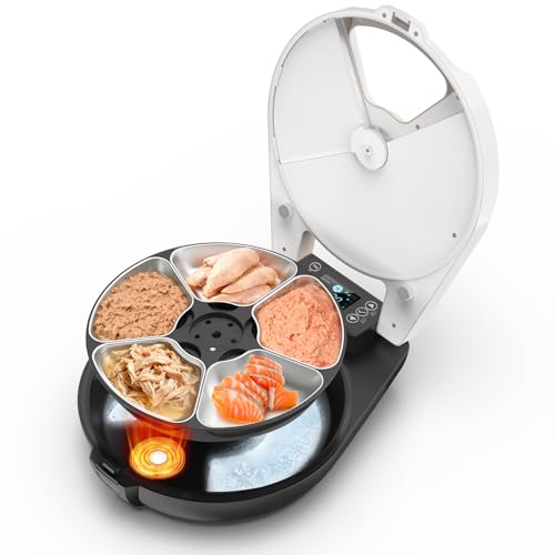 Automatic Cat Wet Food, 3 Days Fresh 5 Meals, with Semiconductor Cooling & Heating, Wet Automatic Feeder for Cats, Feeding Bowl Made of 304 Stainless Steel — Programmable Wet Food Automatic Cats