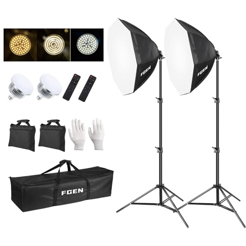 FGen 120W Octogonal Softbox with 3000-6500K LED Bulb, 2M Thicker Light Stand, Suitable for Studio Photography, Youtube and TikTok Video Recording.
