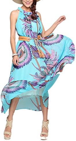 Women's Boho Plus Size Dress Peacock Printed(Sky Blue,2)