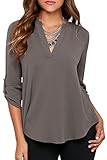 HIMONE Women's Blouses V Neck Cuffed Sleeve Blouse Shirts Tops