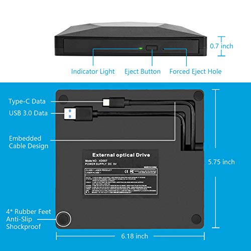 External CD DVD Drive USB Type C, 2 in 1 USB 3.0 & Type-C Superdrive Optical Drive Portable CD DVD RW Burner Player for Mac OS Windows Linux