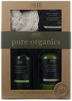 OM SHE AROMATHERAPY Four Piece Pure Organics Gift Set includes: Pure Organic body scrub, pure organics shower gel and pure organics moisturising lotion all with basil, peppermint and grapefruit