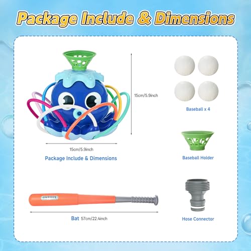 Fagalil Water Sprinkler Baseball Toy, Octopus Kids Water Sprinklers T Ball Set with Bat 4 Balls 2 in 1 Summer Outside Toys Backyard Lawn Games for Kids Outdoor Play Toys Ages 3-12 (Blue)
