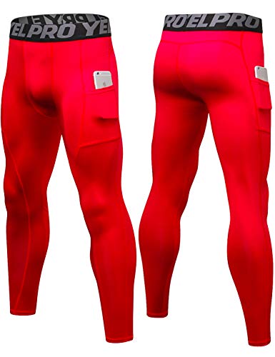 Lavento Men's Compression Baselayer Leggings Moisture-Wicking Pocket Active Tights (3 Pack-3911 Black/Gray/Red,Medium)
