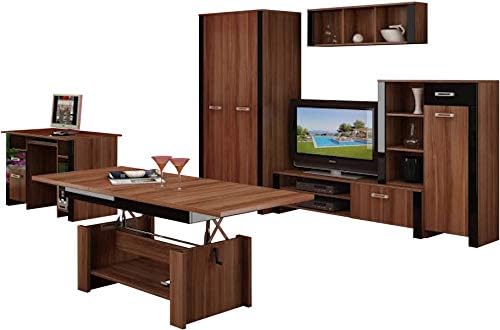 Living Room Furniture Set, Teenager Room Furniture Set, TV Wall Unit"HUGO III" TV Bench, Display Unit, Wall-mounted Shelve, 2D Wardrobe, Desk and Top Lift-up Coffee Table. (Plum Wallis/Black Gloss)