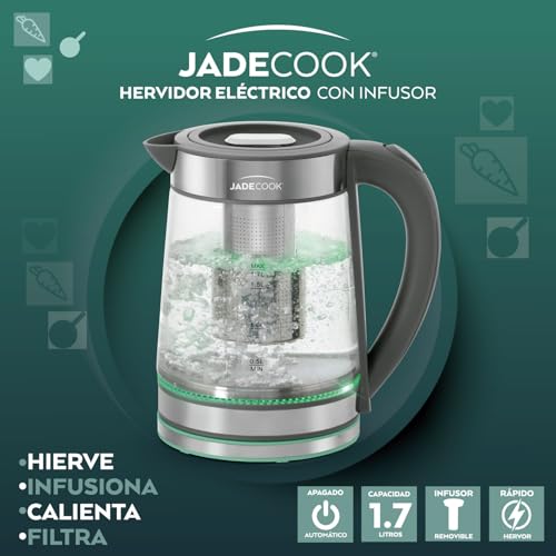 JadeCook | Tetera Eléctrica Hervidor de Agua con Infusor Jade Electro| Jarra de Vidrio de 1.7 Litros | Potencia de 1000w | Base Giratoria | Ideal para Café, Té