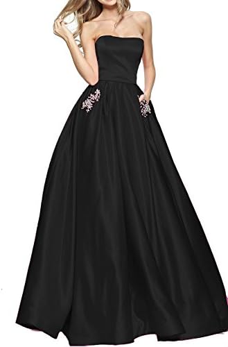 Weddder Strapless Long Formal Dresses Beaded Open Back A Line Satin Evening Prom Gown Black Long Size 14