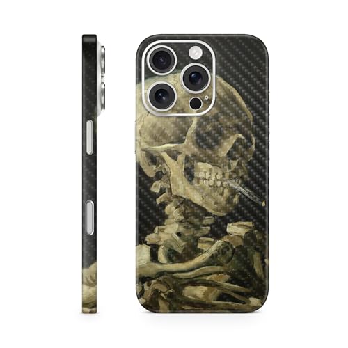 Carbon Fiber Phone Skin Compatible with Apple iPhone 16 Pro - Skull with Cigare…