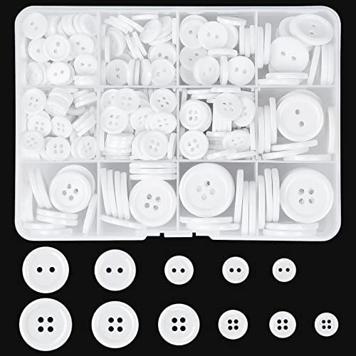 Furuising 404Pcs White Buttons, 2 Hole and 4 Hole Resin Buttons with Storage Box, Round Button for Sewing Blazer Knitting Cardigans DIY Crafts, 10mm/11.5mm/12.5mm/18mm/20mm/23mm