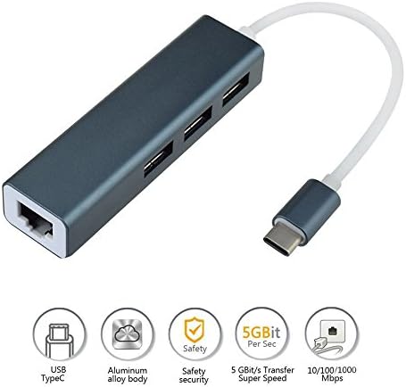USB Type C Hub with Gigabit Ethernet RJ45 Port Networking Adapter External 3 USB3.0 Ports Sync Data Transmission for Macbook, PC, USB Flash Drives Gray