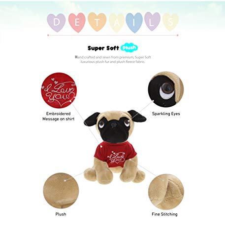 DolliBu Pug Dog with I Love You Message T-Shirt Stuffed Animal 10 Inch, for Boyfriend or Girlfriend, Cute Teddy Bear with Heart Plush Toy for Friend, Anniversary or Valentine Gift