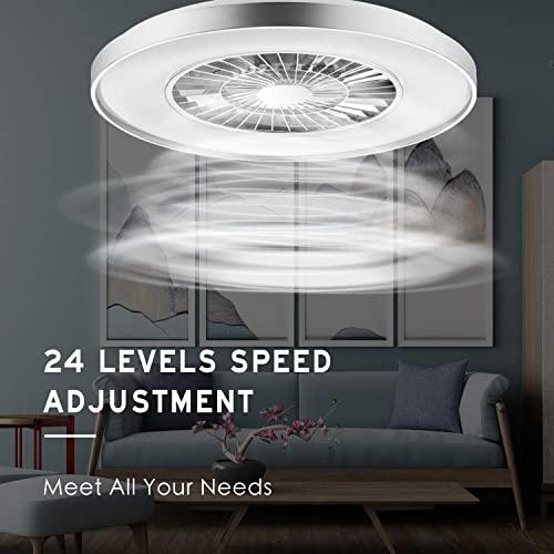 BKZO 60CM LED Ceiling Light with Fan, Ceiling Fan Lights 24 Levels Wind Speeds, Stepless Dimming Light, Modern Fan Lighting for Living Room, Dining Room, Bedroom, Office, 3000-5500K, Silver Frame
