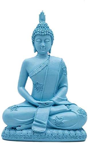 QTQHOME Sandstone Seated Thailand Buddha Statue Resin Technology Sculpture Hand Carved Figurine Fengshui Luck Wealth Ornament Decor Blue (Color:A)
