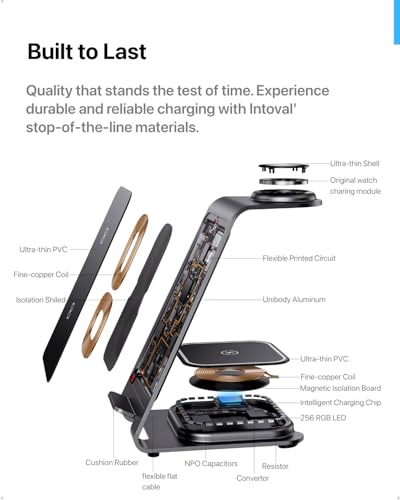 Intoval Aluminum 3-in-1 Wireless Charging Station for iPhone 17/17 Pro/17 Pro Max/16/16 Pro/16 Pro Max/15/14/13/12,for Apple Watch 11/Ultra 3/SE 3/10/9/8/7,for AirPods Pro 3/4/Pro 2/3/Pro (Grey)