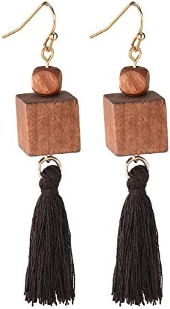 Cuicanstar Women's Natural Wooden Drop Dangle Brown/Burlywood Gold Plated Hook Earrings With Tassel (Brown-F)