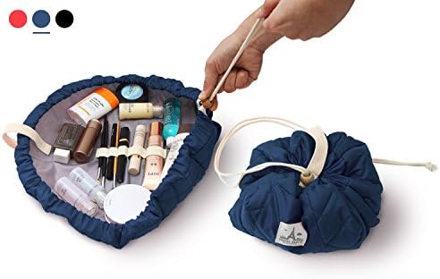Lattepapa House - 3 seconds quick packing lazy drawstring cosmetic bag - Stylish quilting makeup pouch - Banding for stick type tools - Large navy magic makeup bag with zipper jewelry pouch