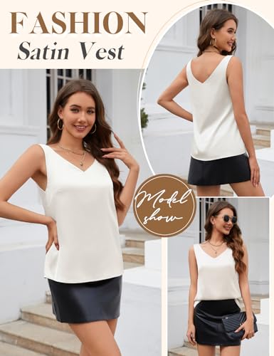 CMTOP Women's Sleeveless Shirt V Neck Satin Camisole Top Elegant Sexy Blouse Shirt Casual Cami Tank Tops