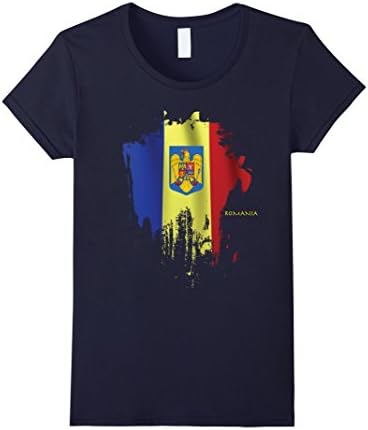 Womens Romanian Flag and Coat of Arms shirt Large Navy