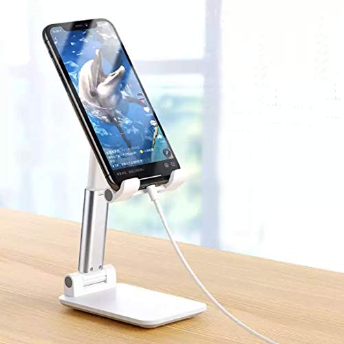 Foldable Cell Phone Stand, Height Telescopic and Angle Adjustable Desk Phone Holder Fits with Android Smartphones, iPhones, iPad, Kindle, and More Device with Screen up to 11 inch (Pearl White)